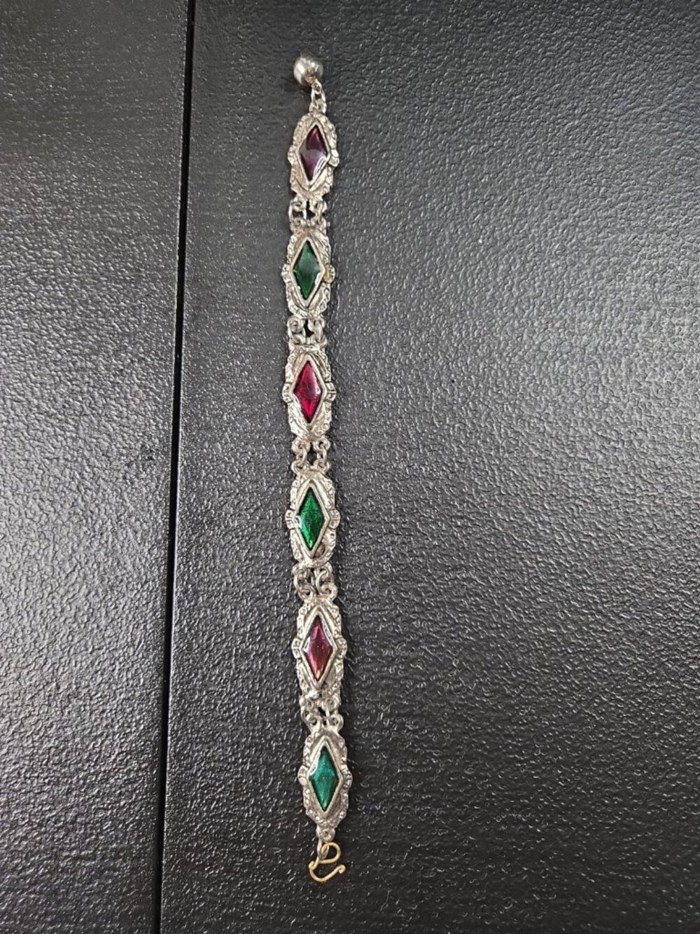 Vintage Silver Tone Bracelet With Red, Green, And Purple Stones